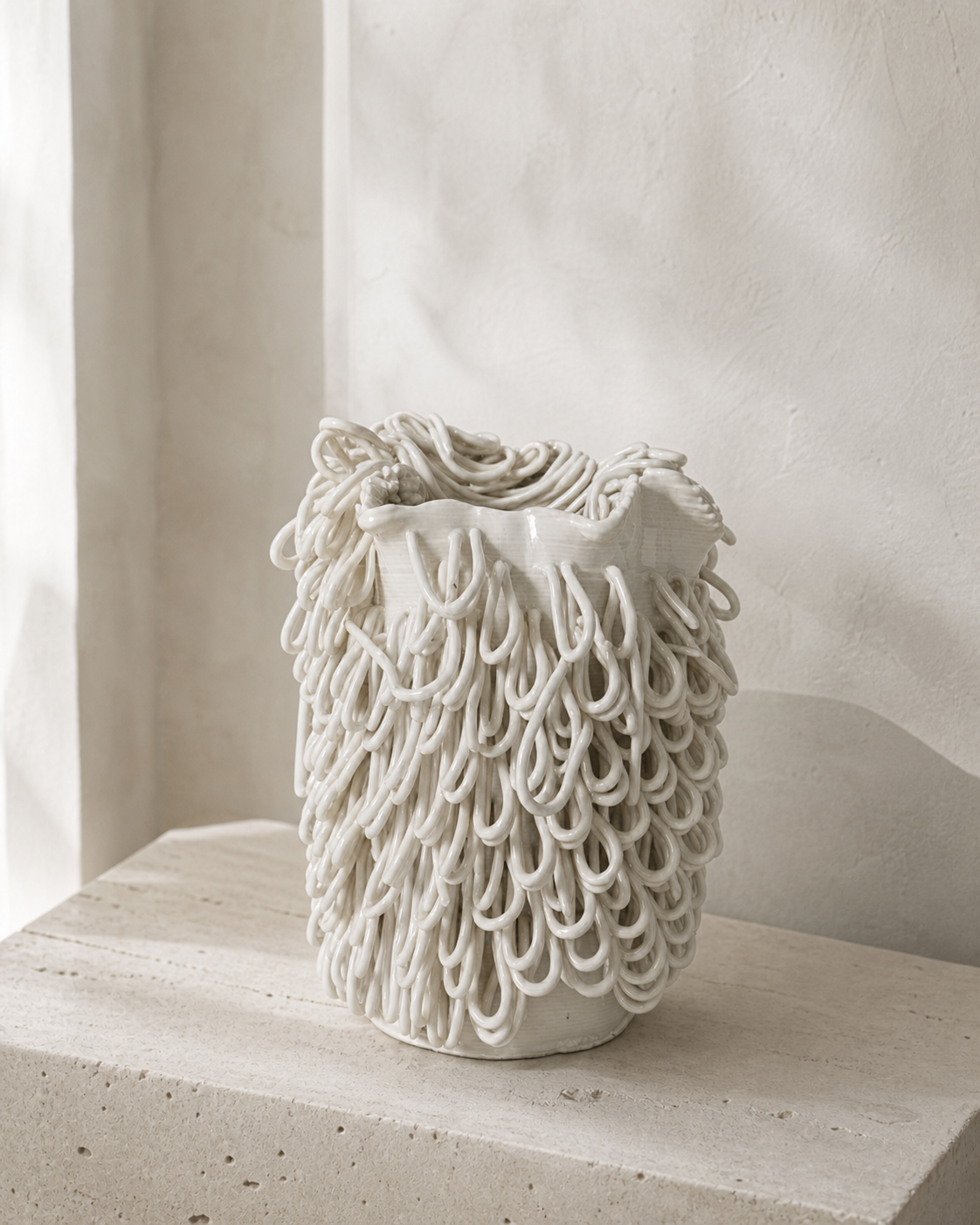 Cascade Loop Vase styled on a neutral shelf in warm natural light.