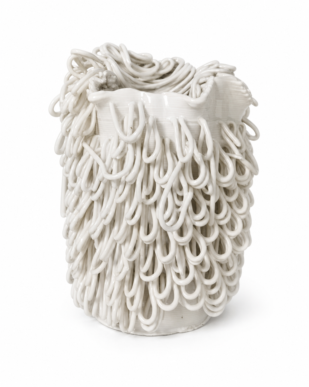 Cascade Loop Vase, a warm ivory ceramic clay-printed vase with cascading loop texture on a white background.