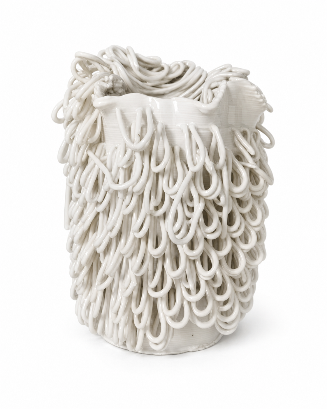 Cascade Loop Vase, a warm ivory ceramic clay-printed vase with cascading loop texture on a white background.
