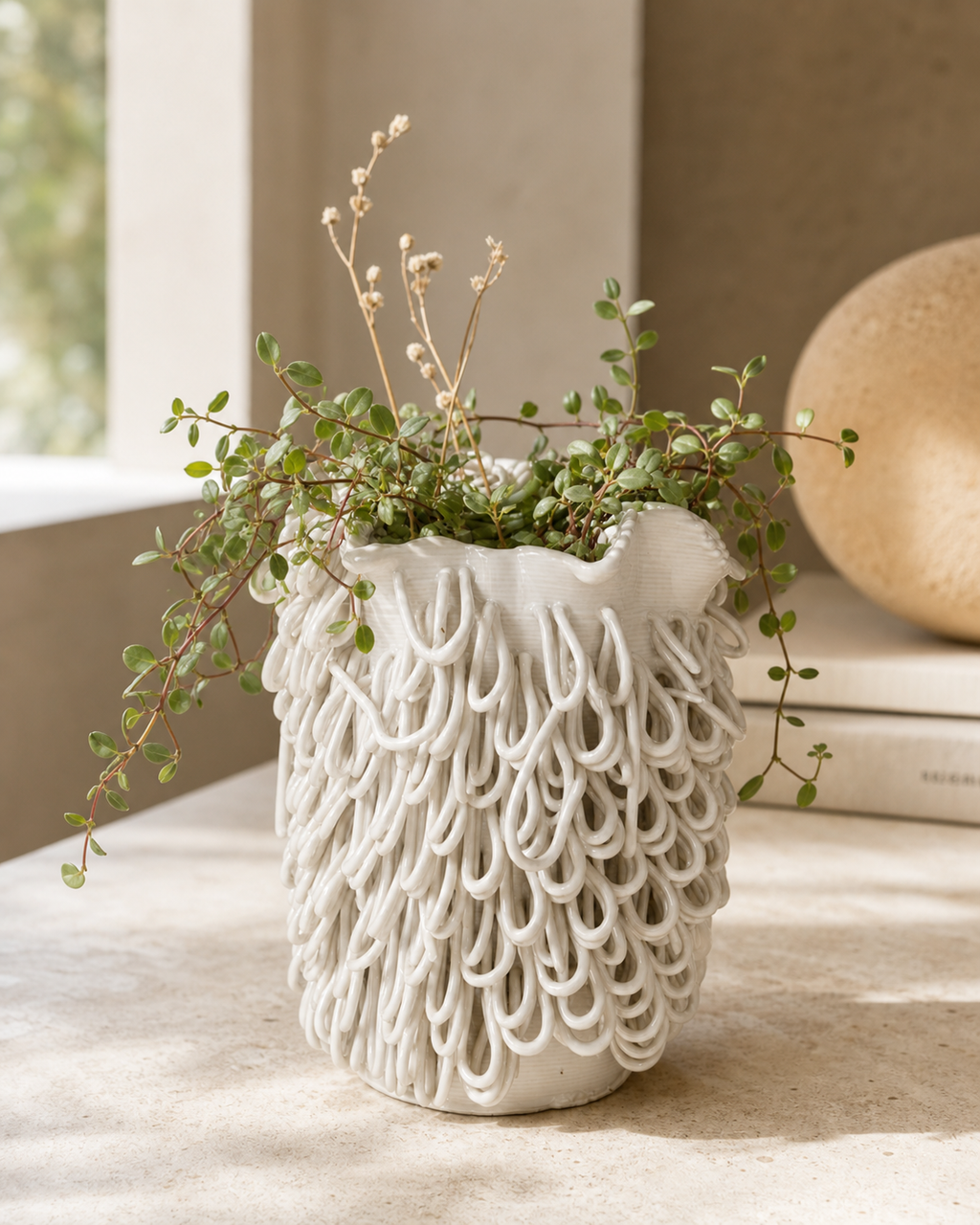 Cascade Loop Vase shown with greenery to highlight its glossy clay-printed loop texture.