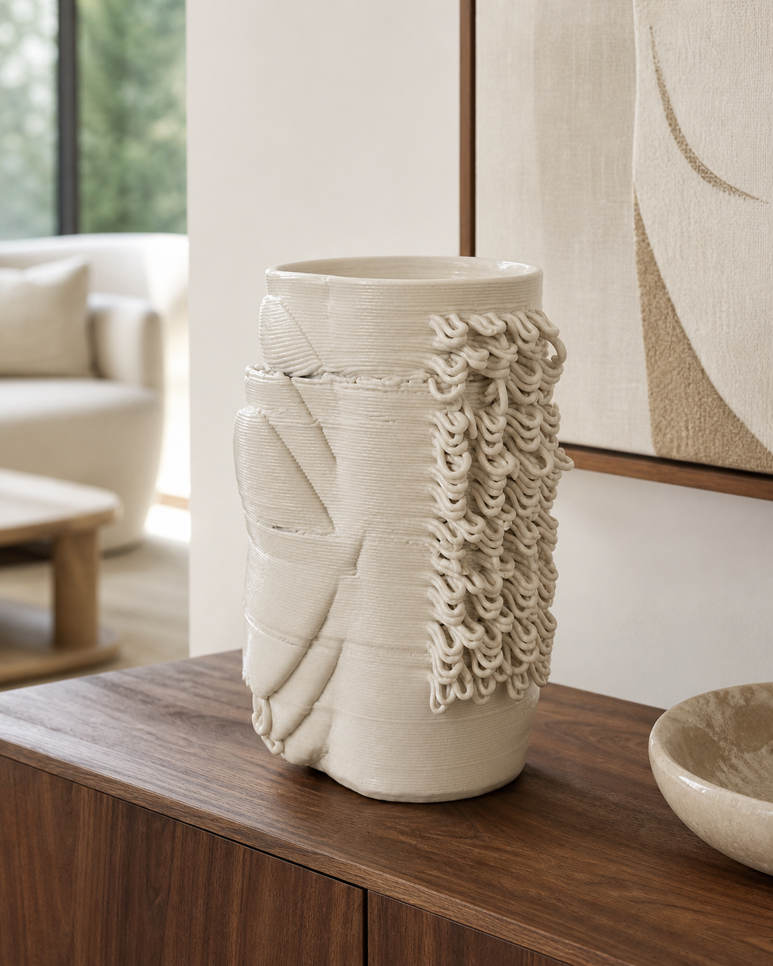 Drape Column Vase styled on a walnut console in a warm modern living room.