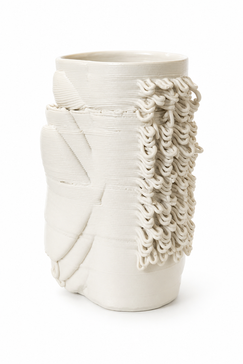 Drape Column Vase, a warm ivory ceramic clay-printed column vase with smooth lines and draped loop texture on a white background.