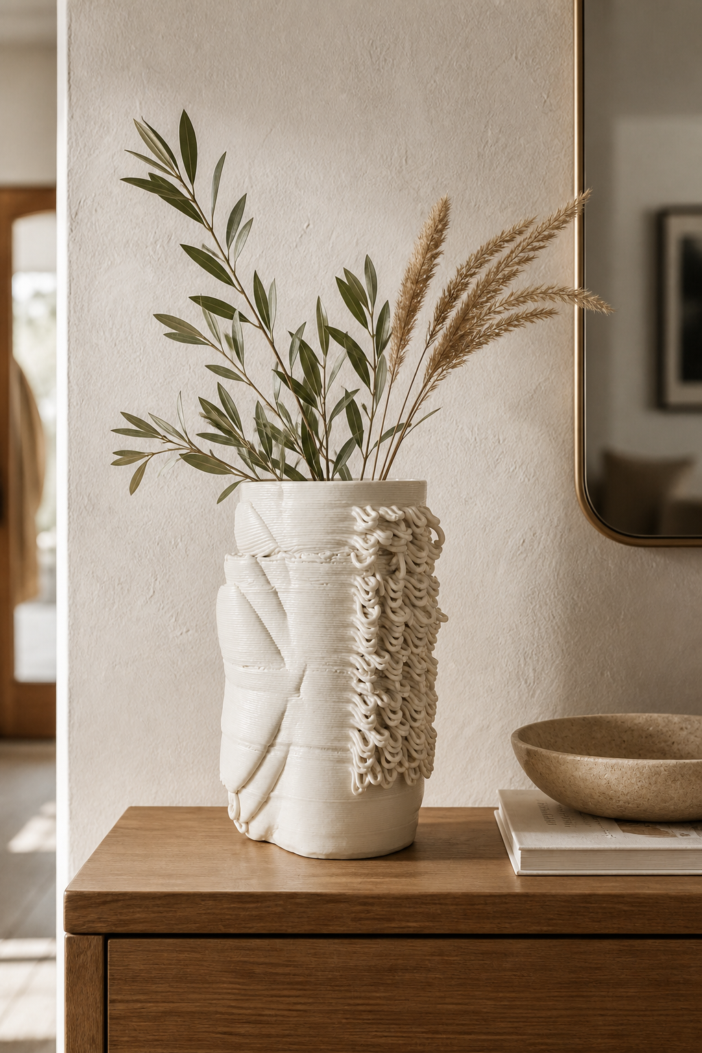Drape Column Vase shown with olive branches and dried grasses in a neutral entryway.