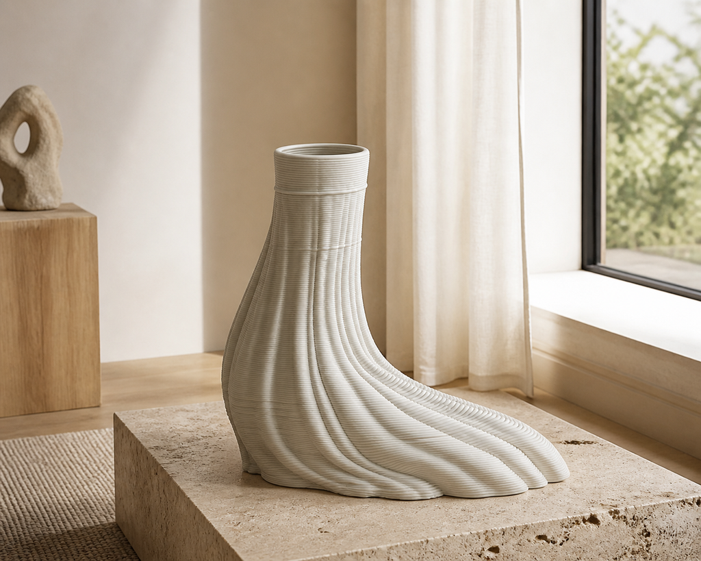 Drift Swoop Vase displayed empty on a travertine plinth beside a bright window.