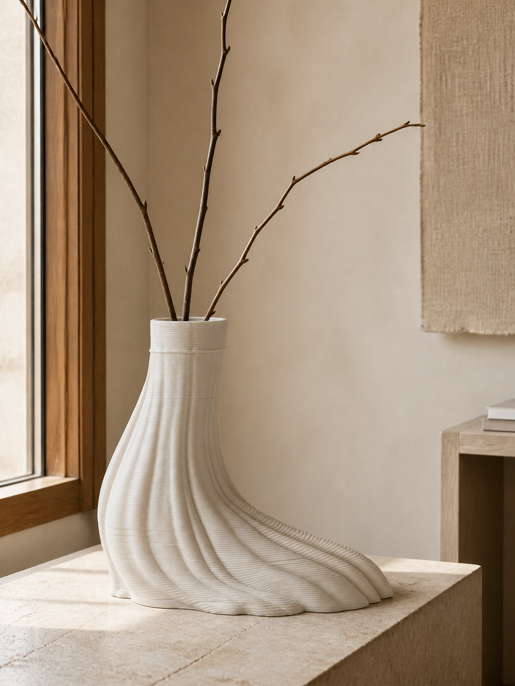 Drift Swoop Vase shown with sparse bare branches while its sweeping clay base remains visible.