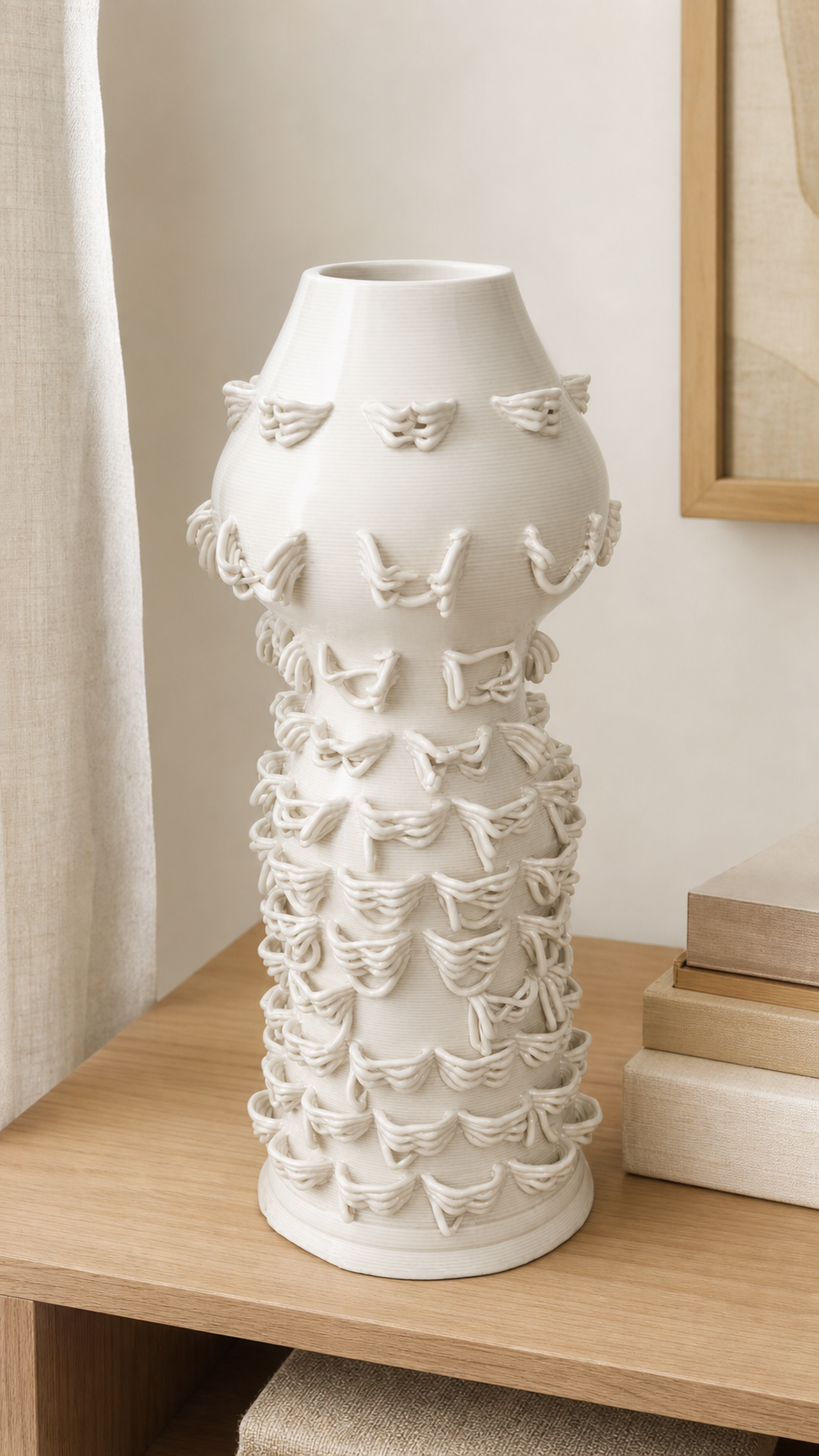 Flutter Column Vase styled on a light oak shelf in a calm neutral home.