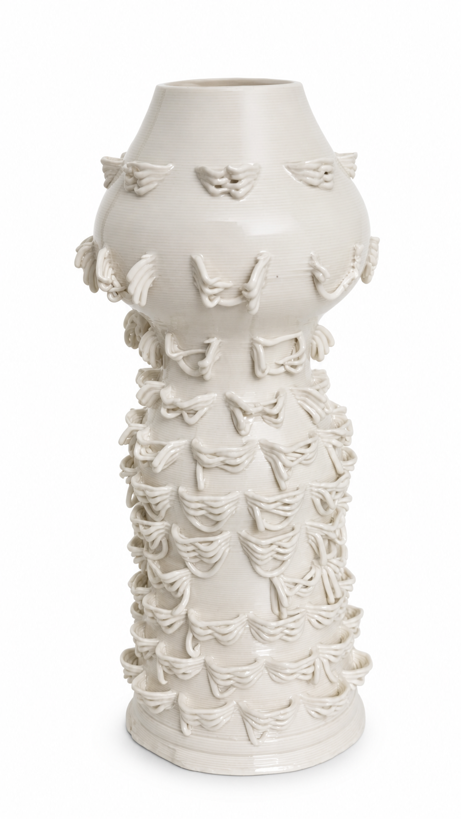 Flutter Column Vase, a tall warm ivory ceramic clay-printed vase with raised fluttering petal details on a white background.