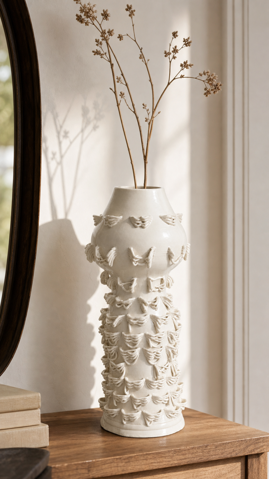 Flutter Column Vase shown with a few dried stems in warm natural light.