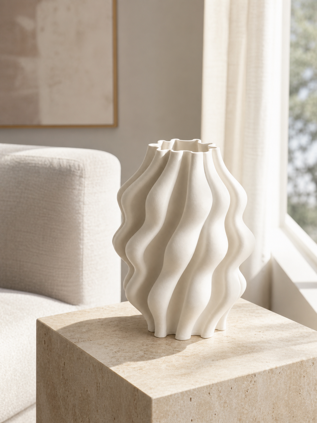 Folded Wave Vase displayed empty on a light stone pedestal beside a bright window.