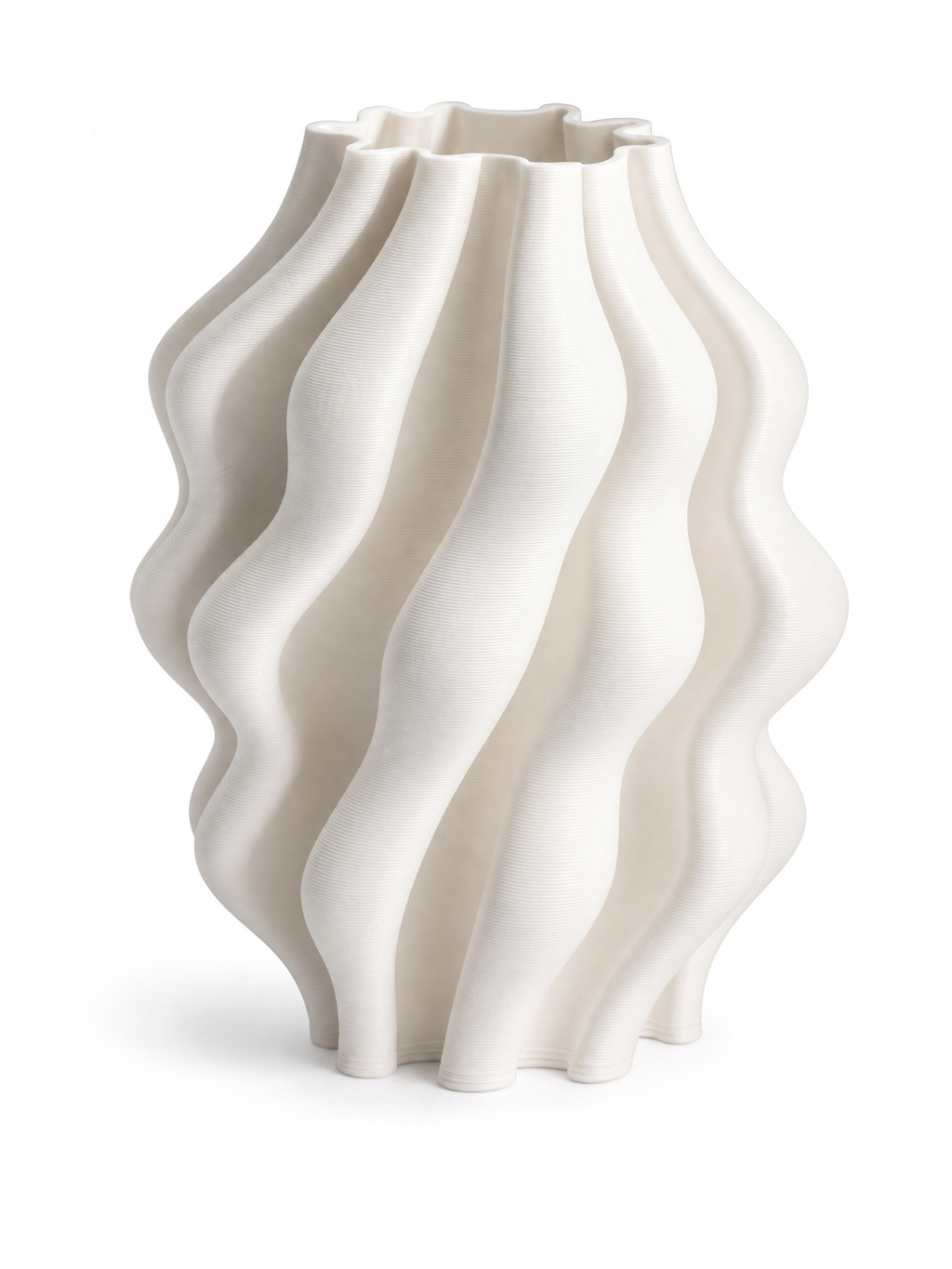 Folded Wave Vase, a warm ivory ceramic clay-printed vase with vertical folded wave ribs on a white background.