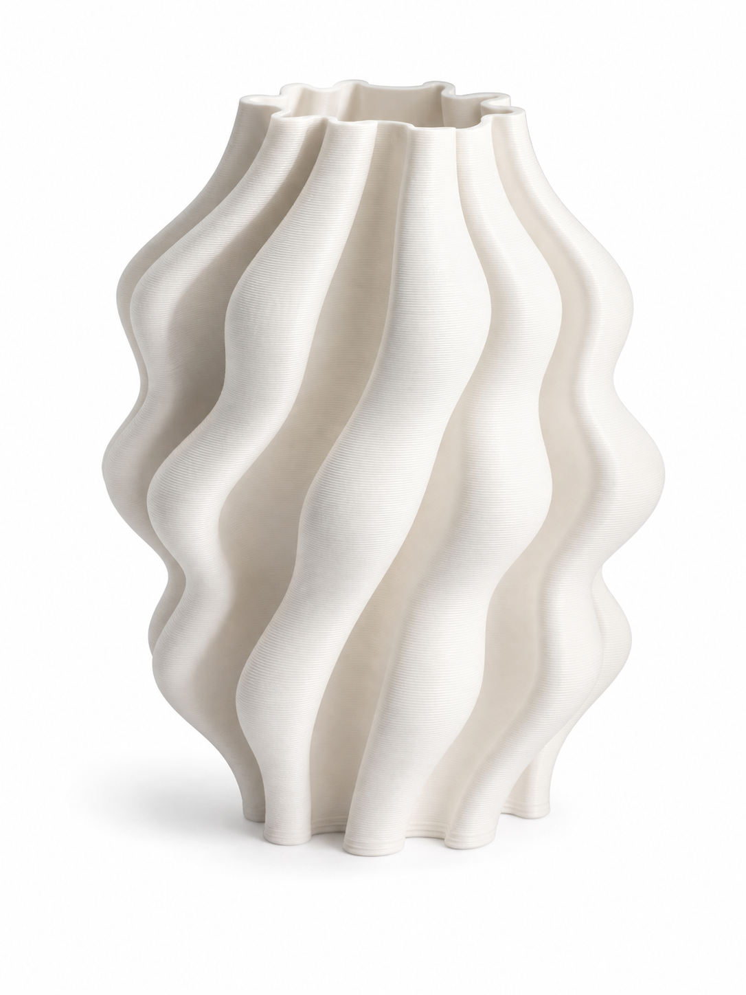 Folded Wave Vase, a warm ivory ceramic clay-printed vase with vertical folded wave ribs on a white background.