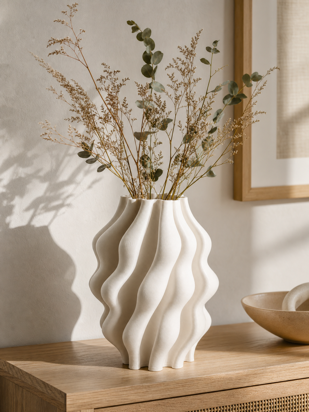 Folded Wave Vase shown with airy dried grasses and eucalyptus stems in warm natural light.
