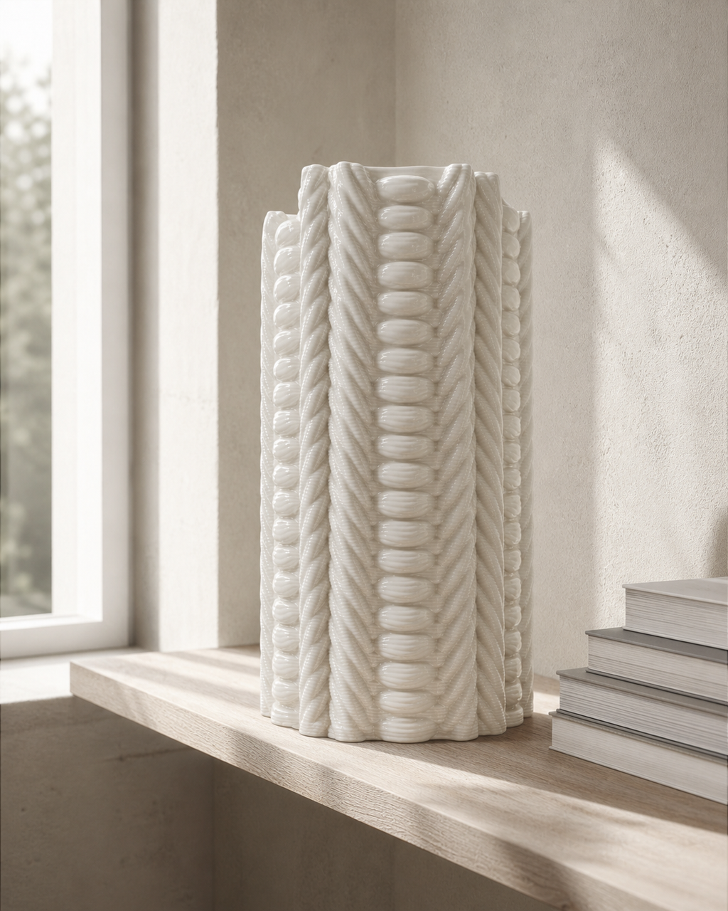 Loom Column Vase styled in a calm modern home setting with warm neutral light.