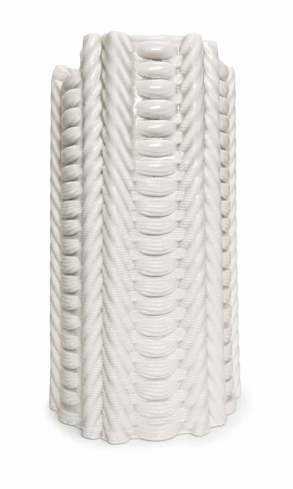 Loom Column Vase, a tall warm ivory ceramic clay-printed vase with woven raised texture on a white background.