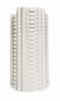 Loom Column Vase, a tall warm ivory ceramic clay-printed vase with woven raised texture on a white background.