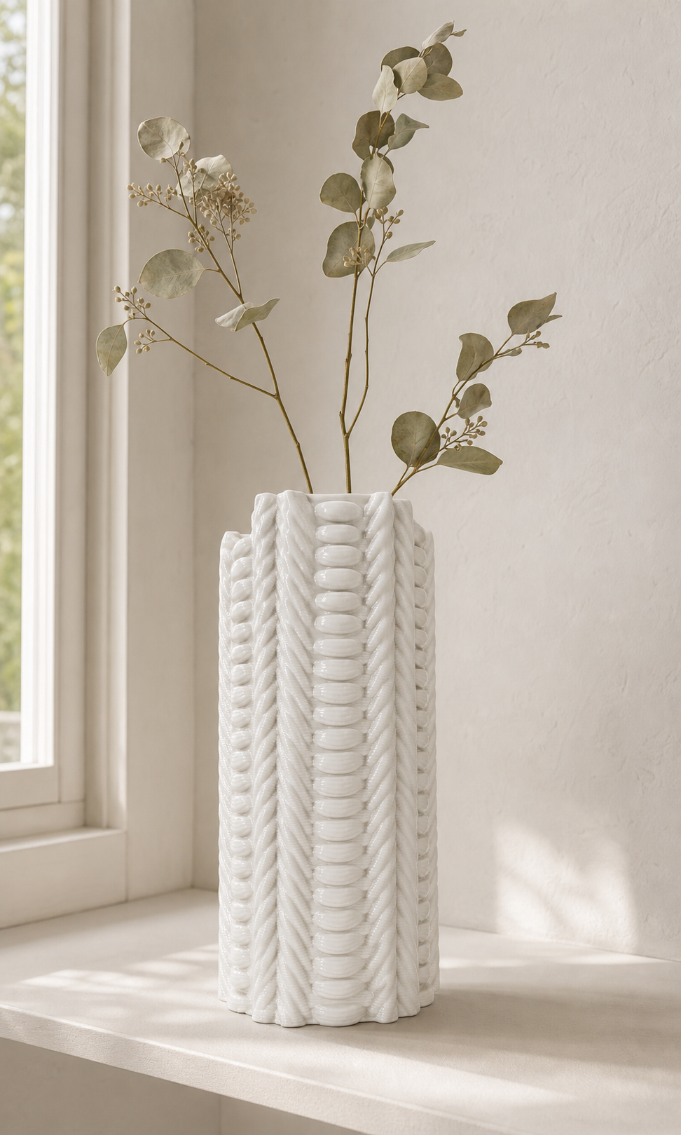 Loom Column Vase shown with slender branches to highlight its woven clay-printed surface.
