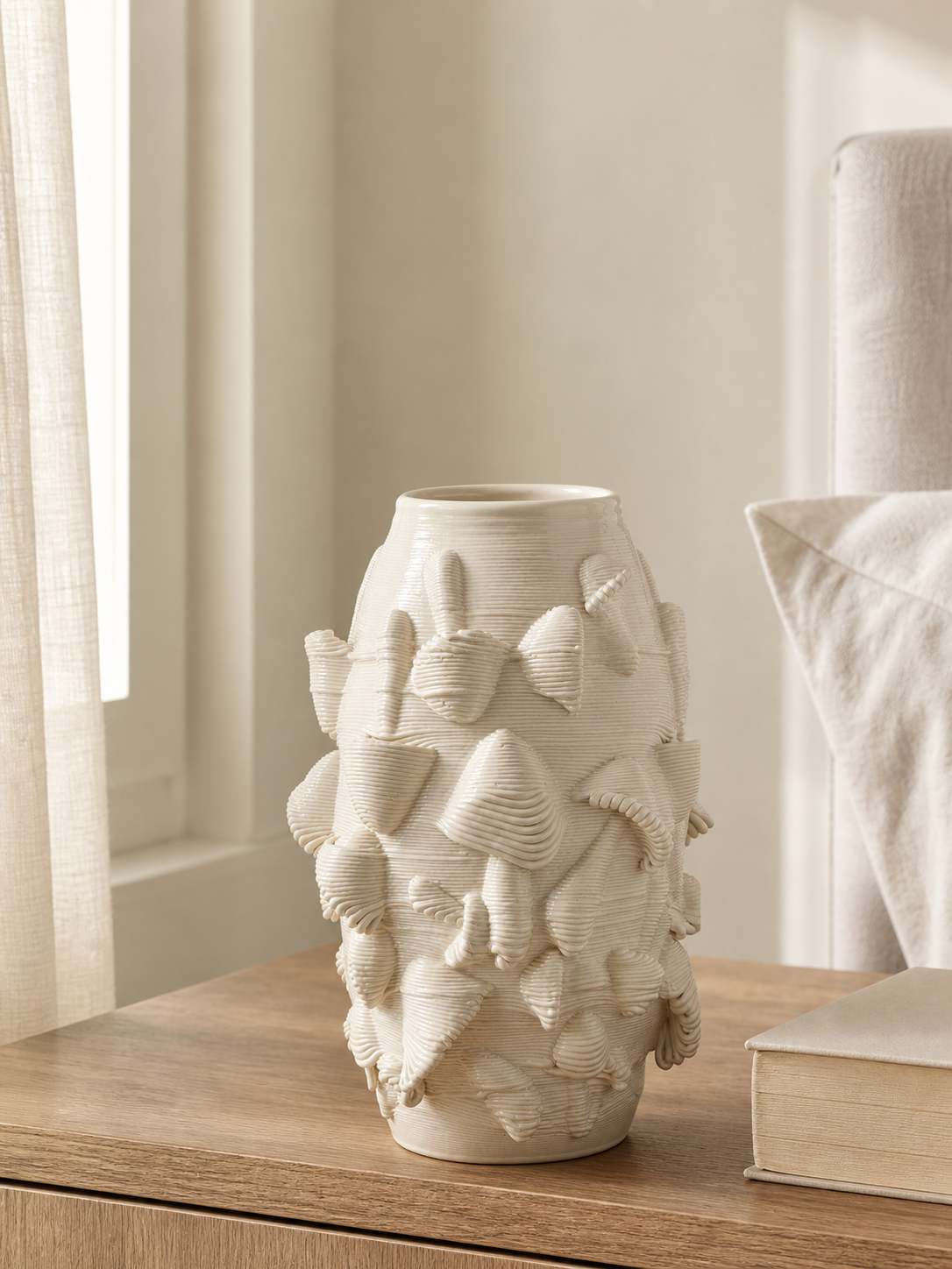 Petal Pocket Vase styled on a light wood table in a warm neutral bedroom corner.