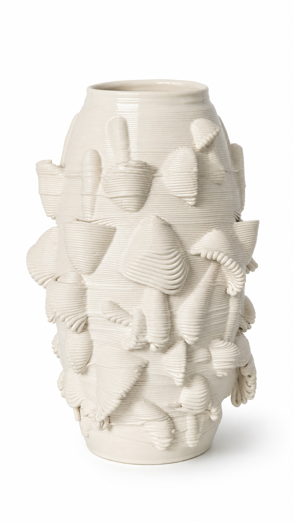 Petal Pocket Vase, a warm ivory ceramic clay-printed vase with layered petal texture on a white background.