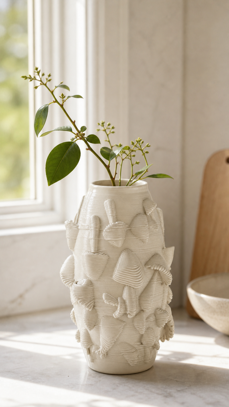 Petal Pocket Vase shown with a small green branch near a bright kitchen window.