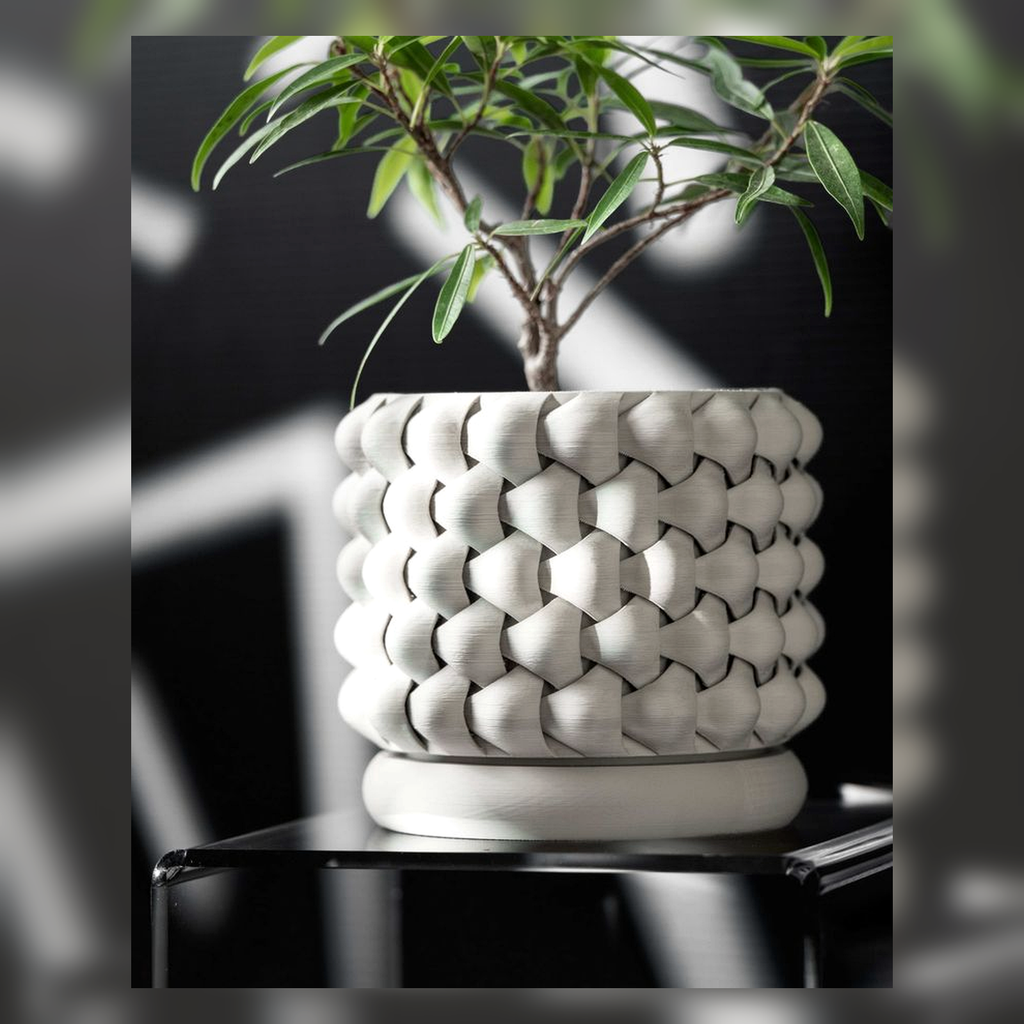 White woven-texture ceramic planter holding a small green plant.