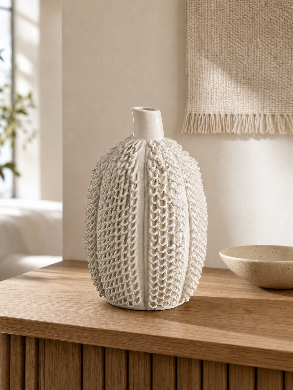 Scaled Pod Vase displayed on a warm wood console with neutral woven wall art.