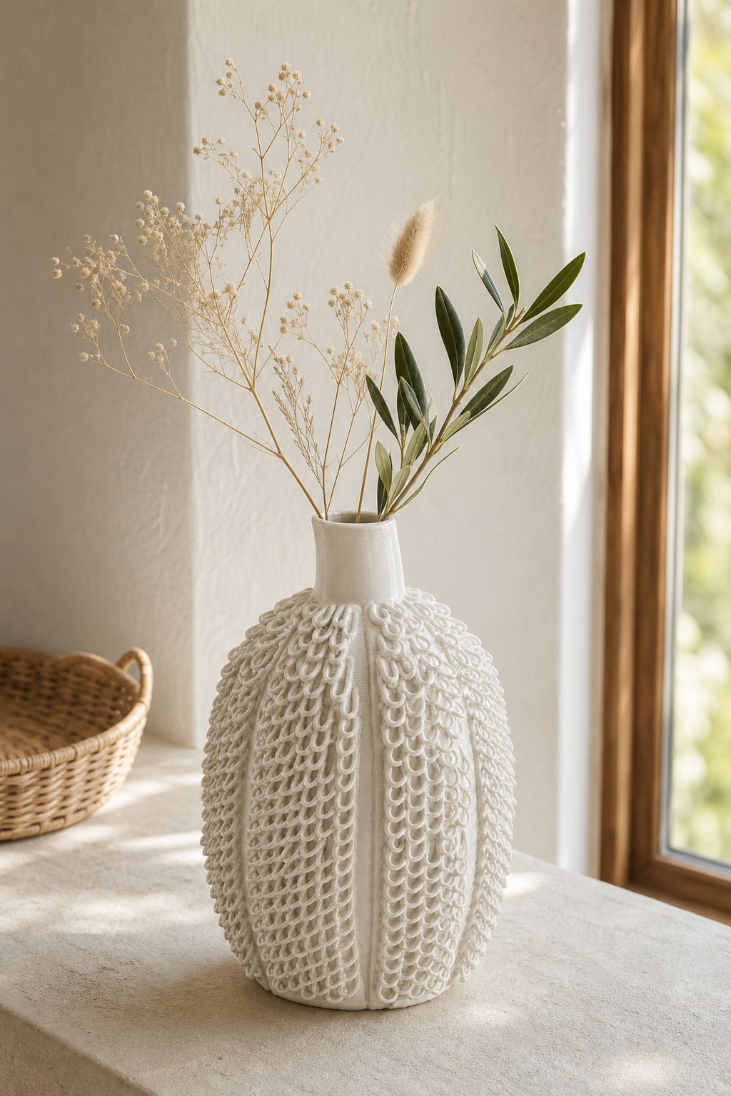 Scaled Pod Vase shown with airy dried stems and an olive branch beside a bright window.