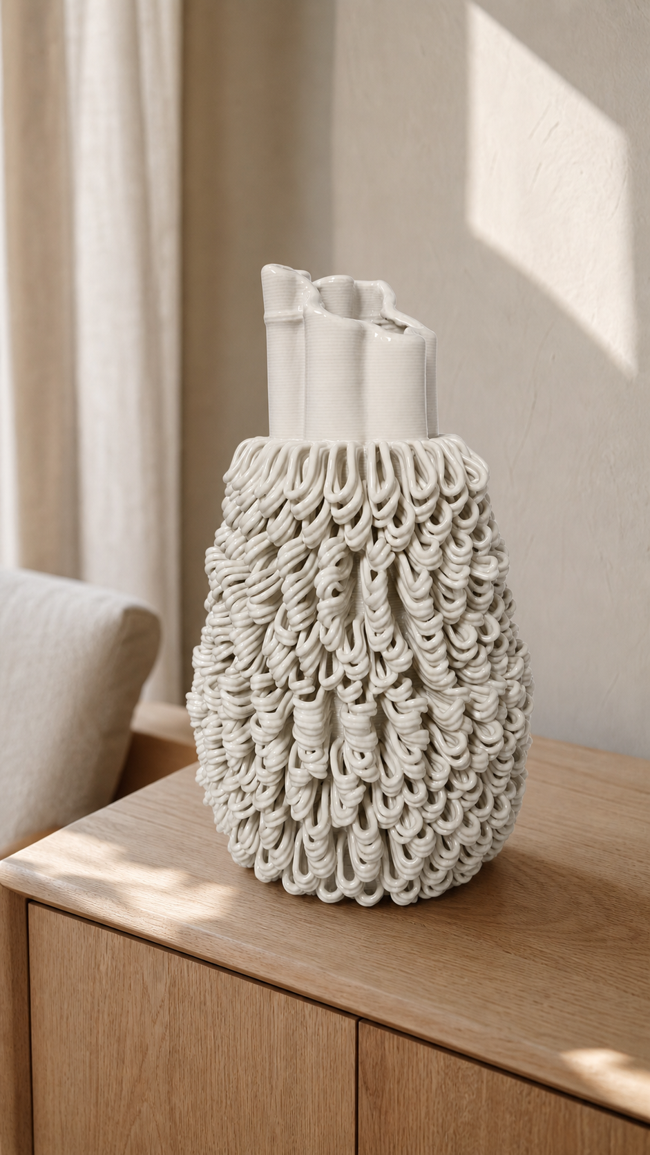 Tassel Pod Vase styled on a light oak sideboard in warm natural light.