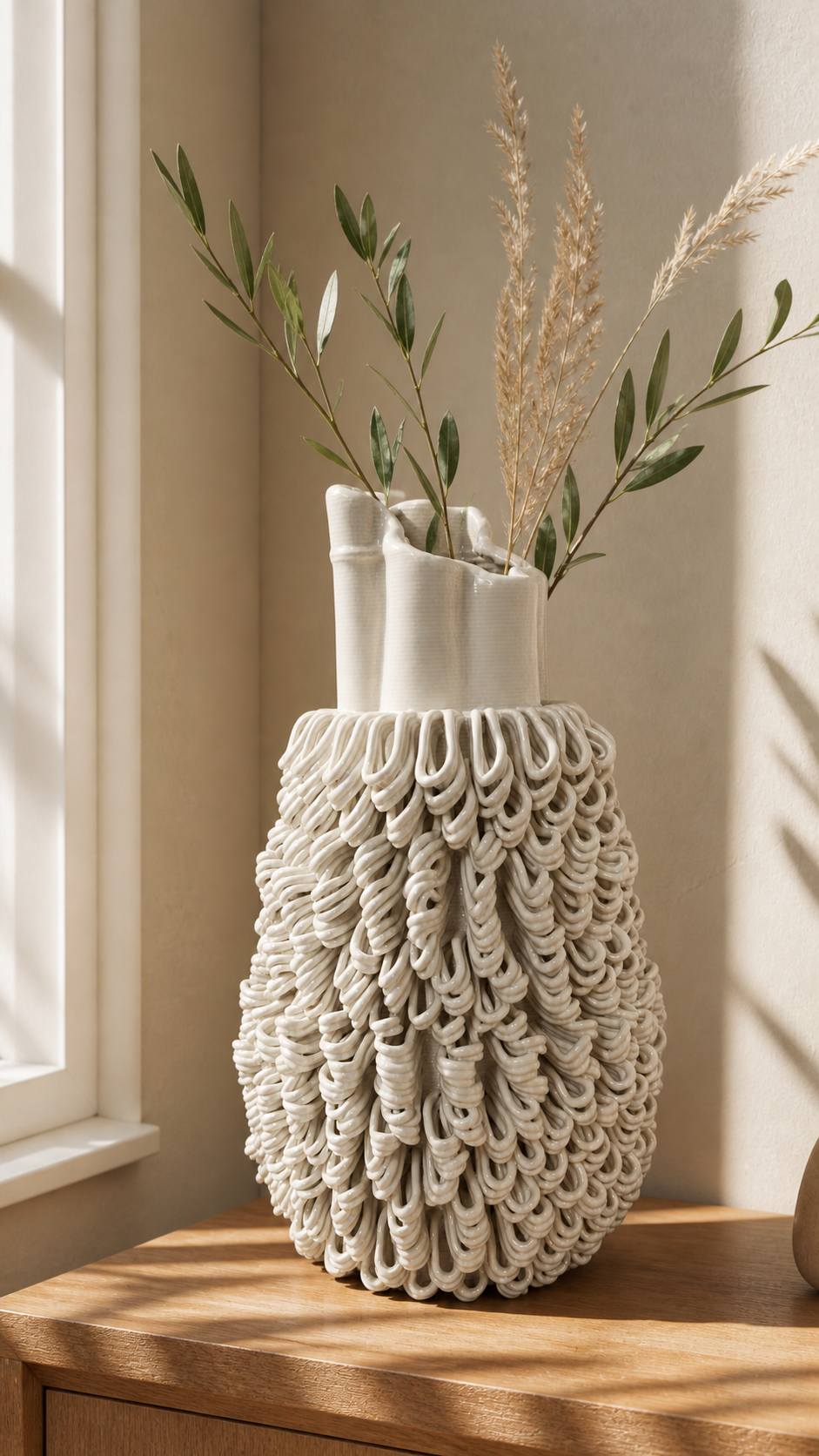 Tassel Pod Vase shown with dried grasses and olive branches in a neutral home setting.