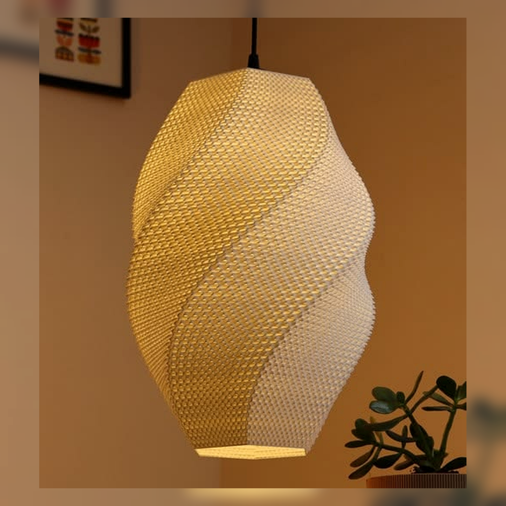 Warm ceramic pendant lamp with a woven shell texture.